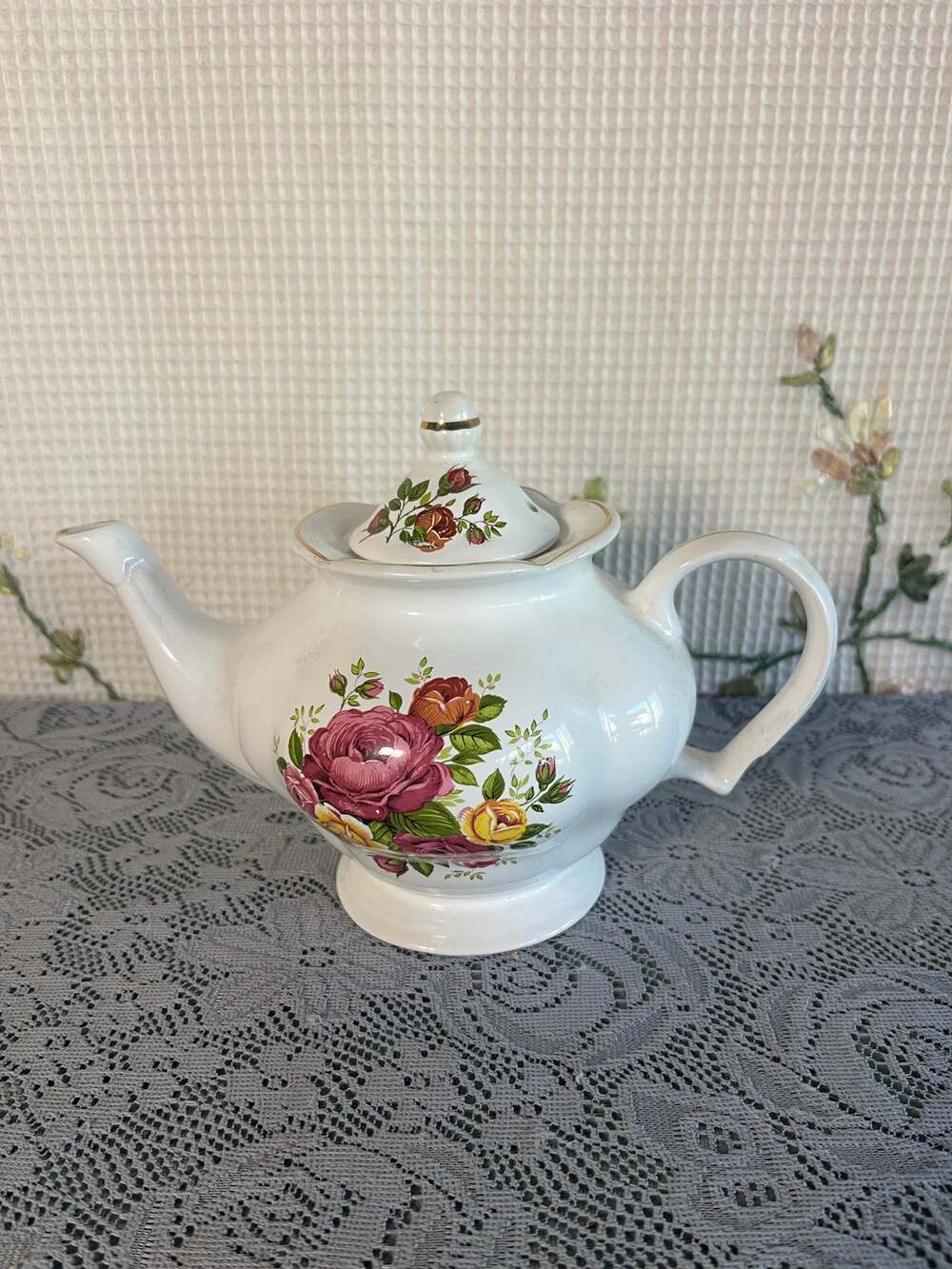 Vintage Arthur Wood & Son Staffordshire England Teapot Cabbage Rose Floral Gold